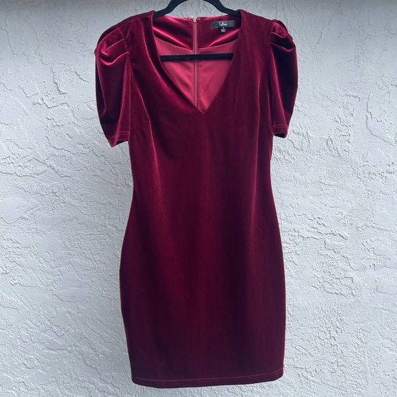 LuLus Velvet Make it Memorable Wine Red Puff Sleeve Bodycon Mini Dress Small - Picture 2 of 7